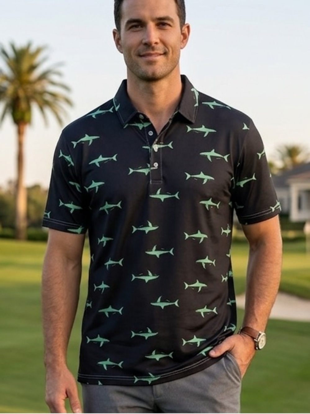 Men's Black Polo Shirt with Green Shark Print
